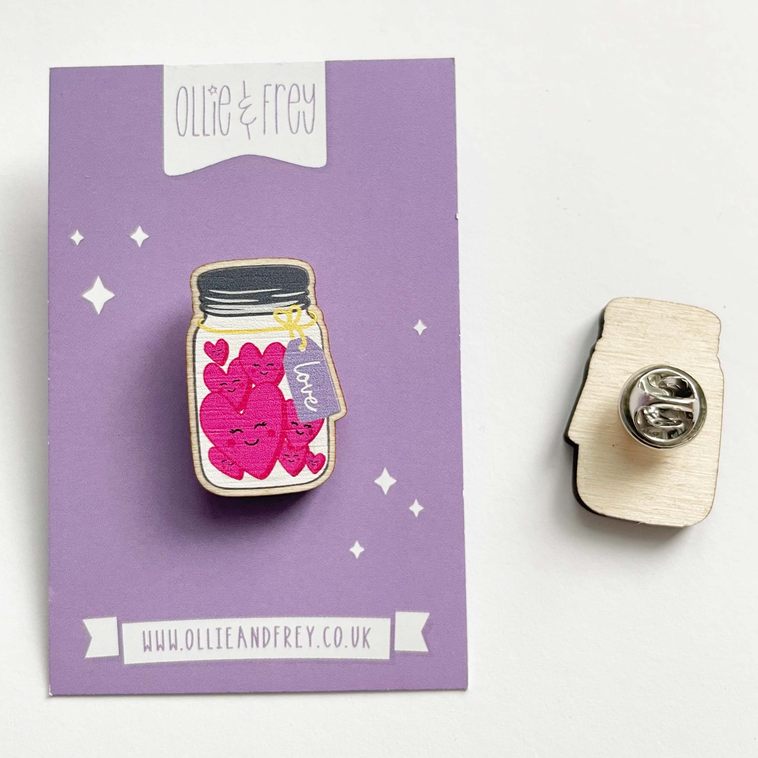 Wooden 'Love in a Jar' pin badge shown on its backing card